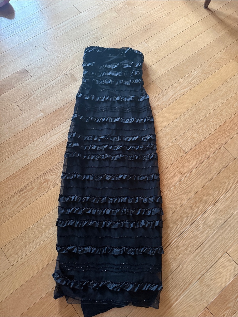 Bari Jay Black Strapless Ruffle Column Gown